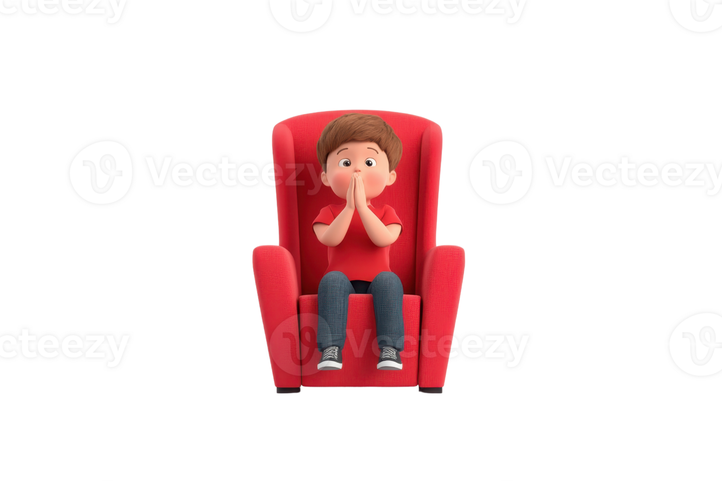A young child sitting in a red armchair, expressing a surprised or shocked emotion with hands on their face. png