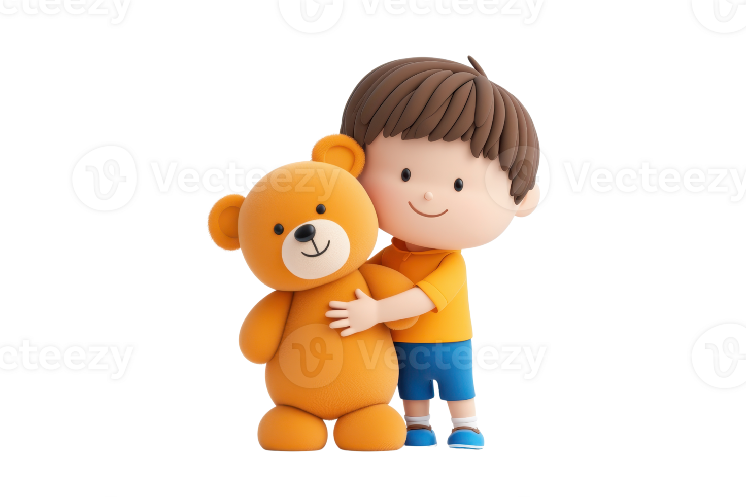 A cheerful child hugs an adorable orange teddy bear, showcasing a bond of friendship and playfulness. png