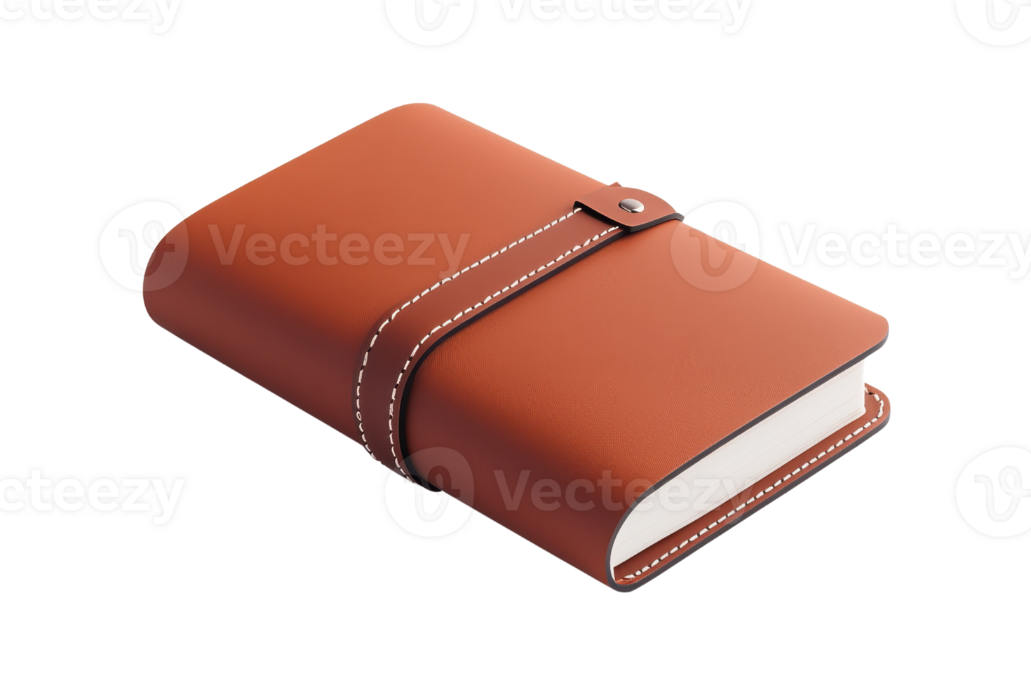 A rich brown leather notebook with a button closure and white stitching along the edges. png