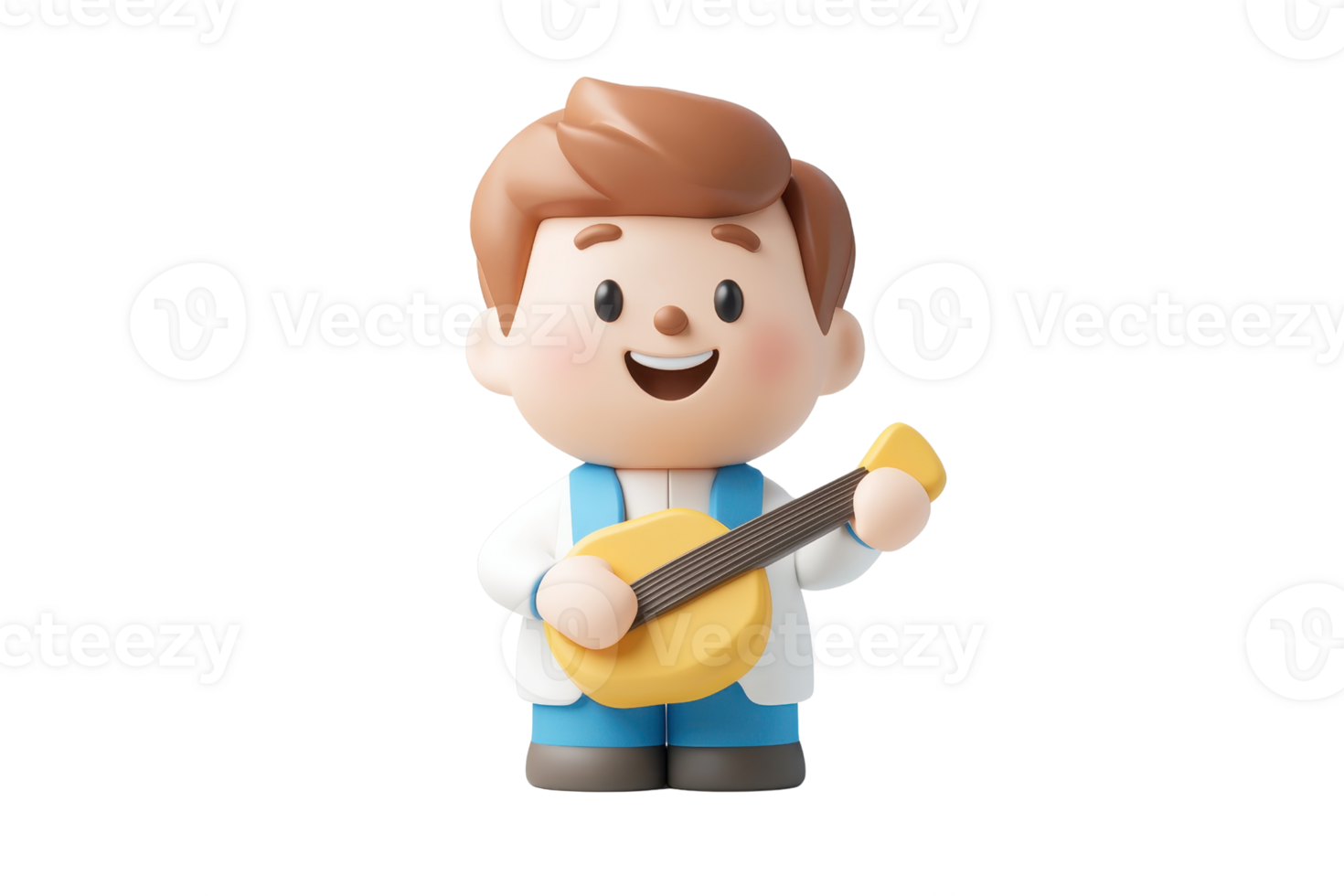 A cheerful cartoon character holding a small yellow musical instrument, wearing a blue shirt and smiling joyfully. png