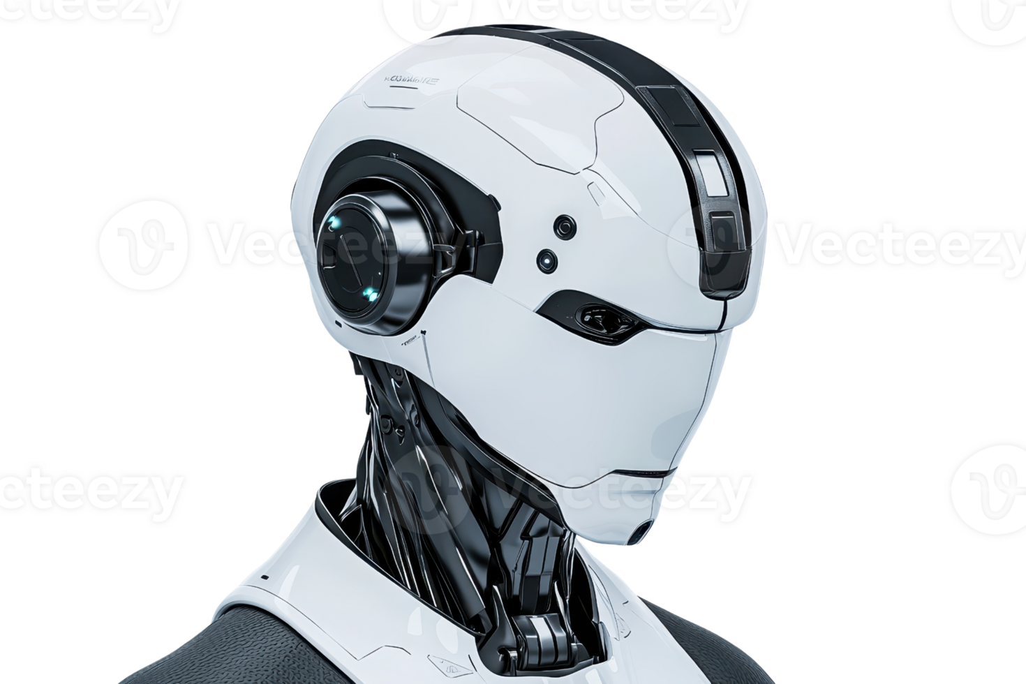 A futuristic humanoid robot head with sleek design, featuring a smooth white exterior and high-tech components. png