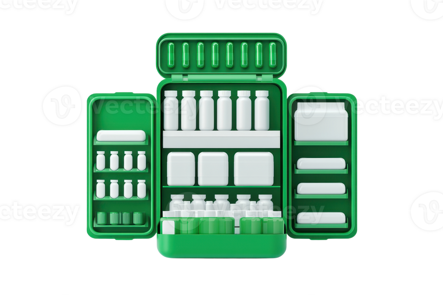 A green medical kit filled with various bottles and containers, designed for storing medications and first aid supplies. png