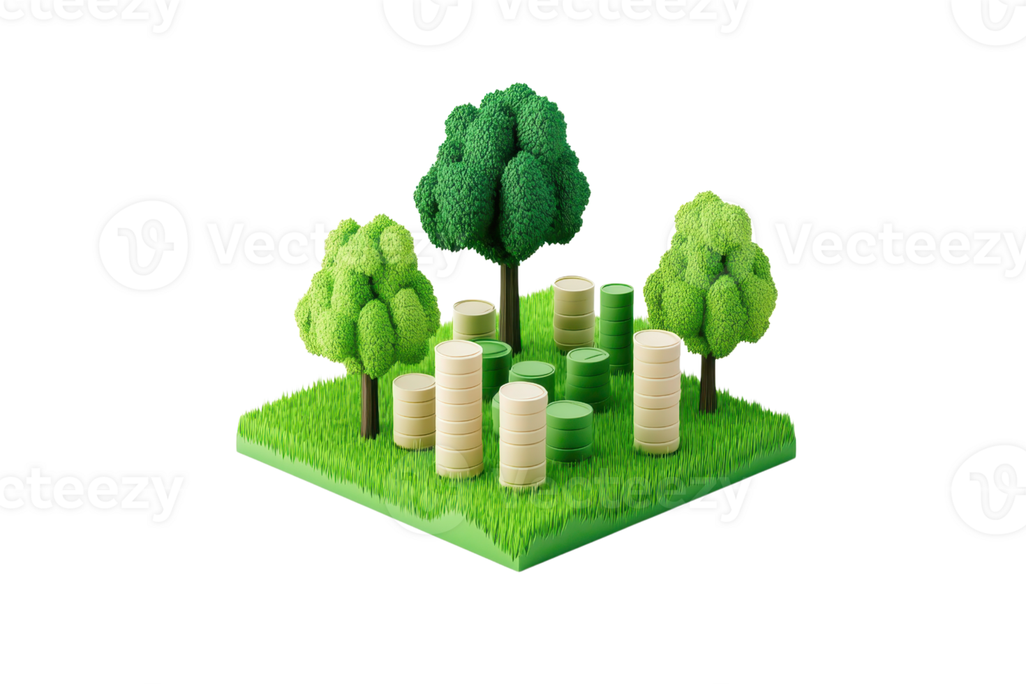 A vibrant miniature landscape featuring green trees and cylindrical structures on a grassy base. png