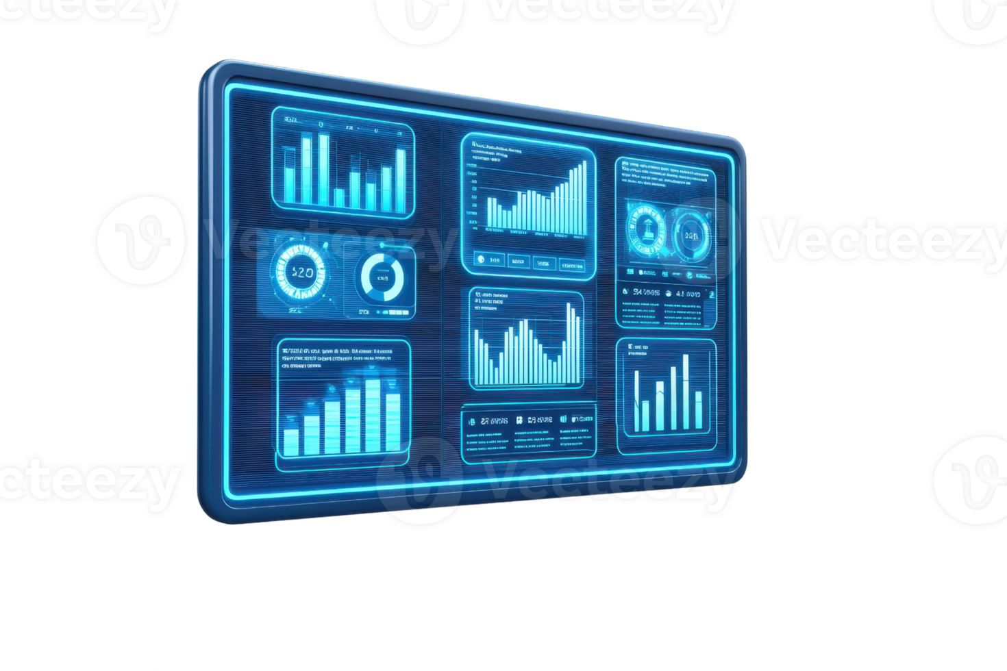 A digital dashboard displaying various data visualizations, including charts and graphs, in a sleek, high-tech design. png