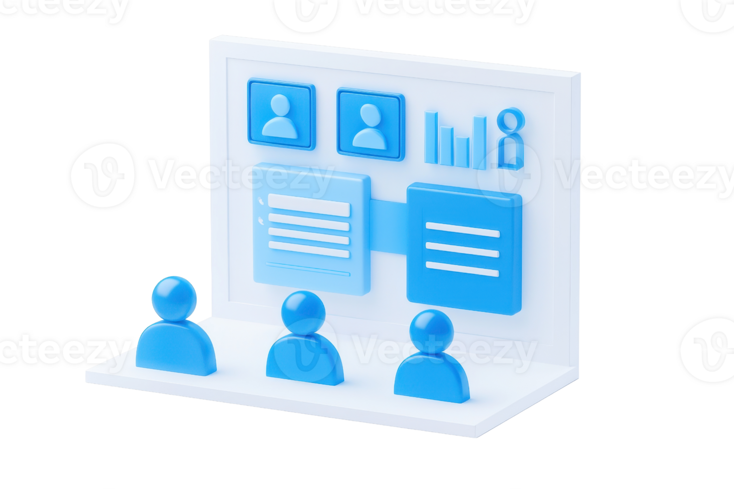 A 3D representation featuring blue figures and data icons, symbolizing teamwork and information sharing. png