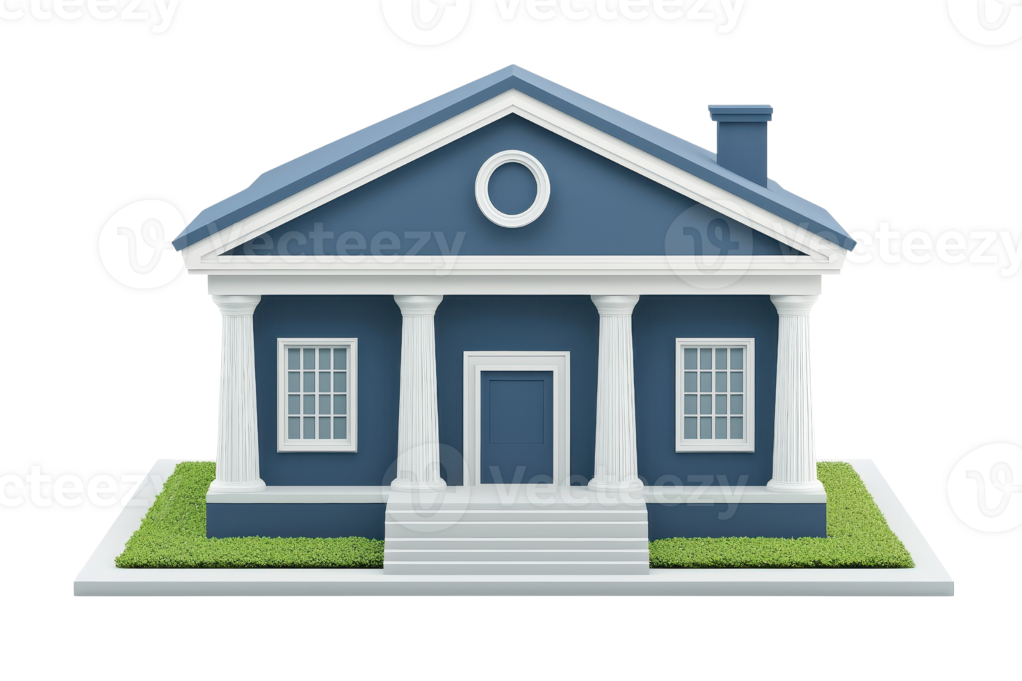 A blue house with white columns, a front door, and a gabled roof, set on a green base. png
