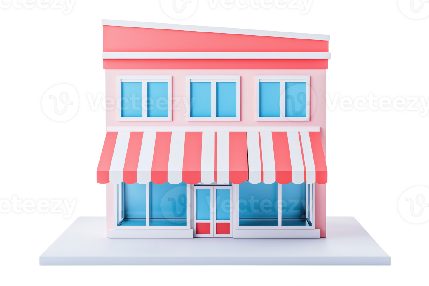 A colorful model of a shop with red and white striped awnings and blue windows, showcasing a charming storefront design. png
