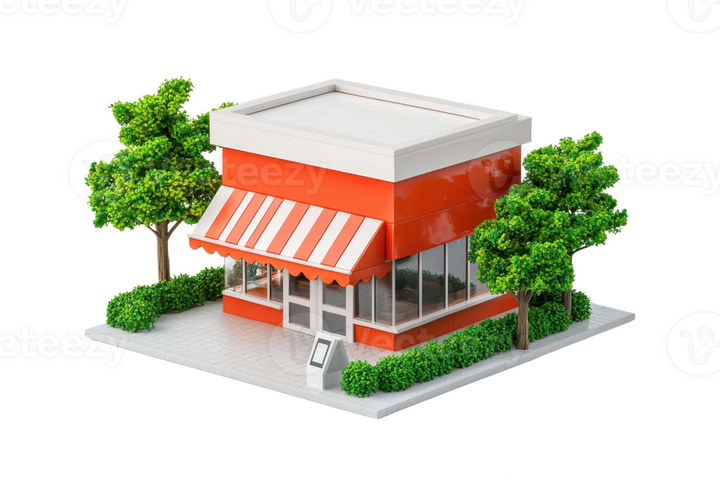 A colorful, modern building featuring large windows, striped awning, and surrounded by greenery, representing a retail or dining establishment. png