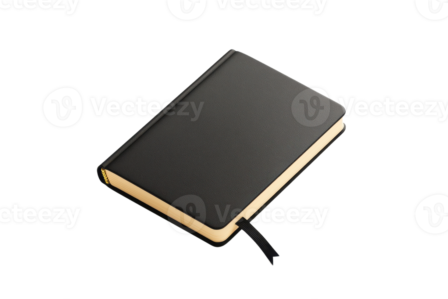 A sleek black notebook with a textured cover and gold-edged pages, featuring a ribbon bookmark for easy access. png