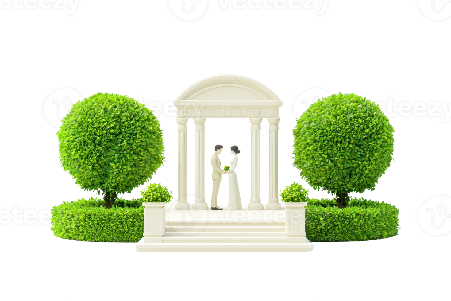 A romantic wedding scene featuring a couple standing under a white gazebo surrounded by lush, round green shrubs. png