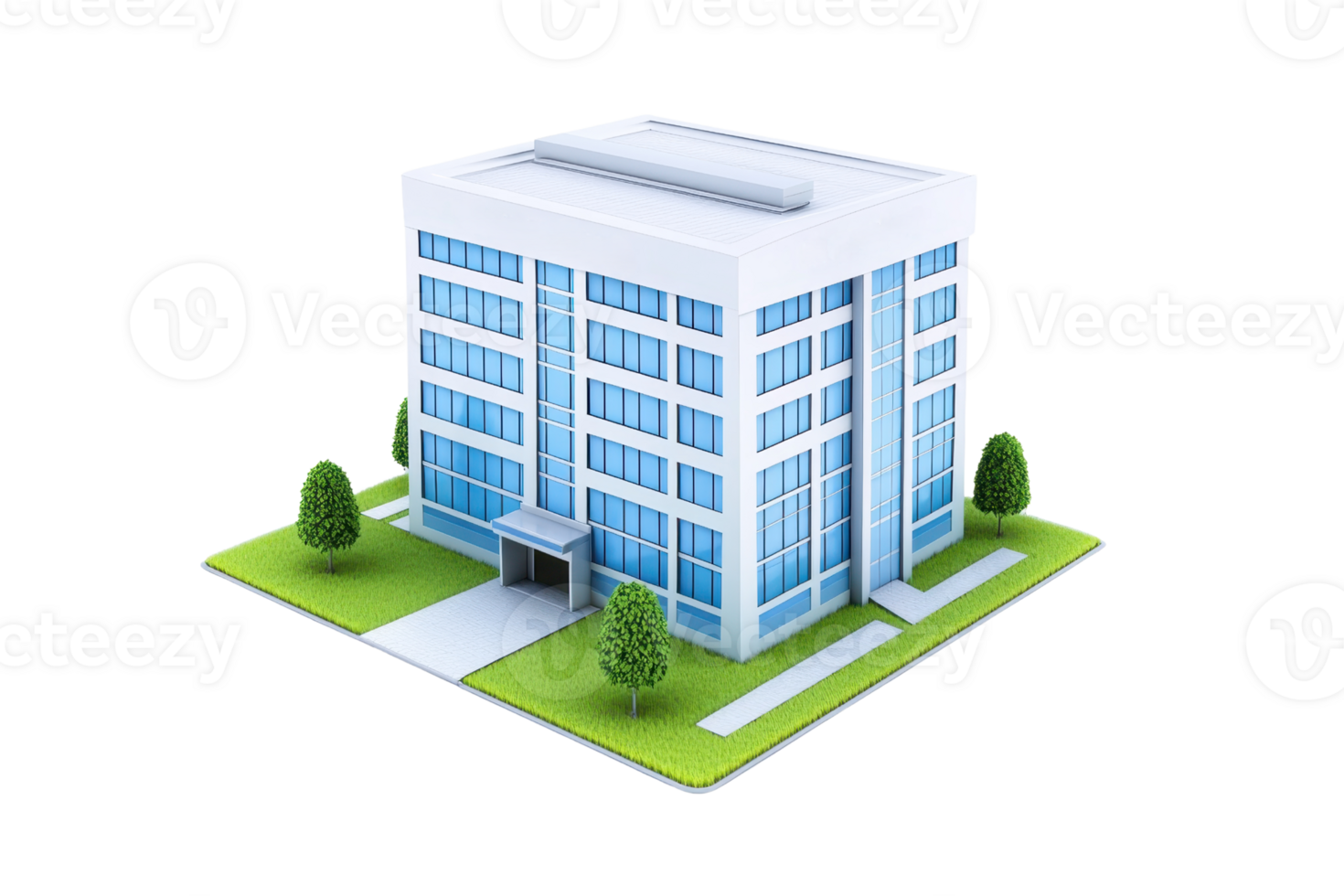 A modern office building with large glass windows, featuring a flat roof and surrounded by landscaped greenery. png