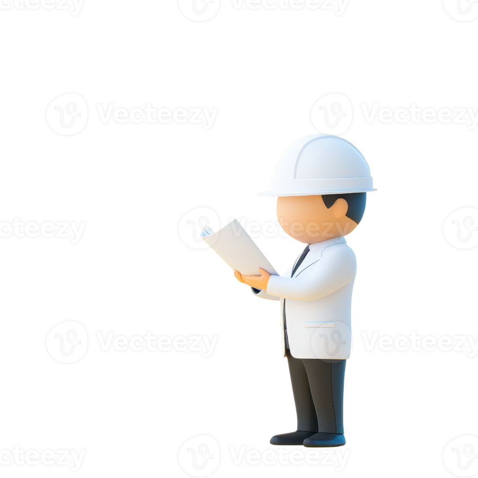 A cartoon figure in a white coat and hard hat, holding a clipboard and studying information. png