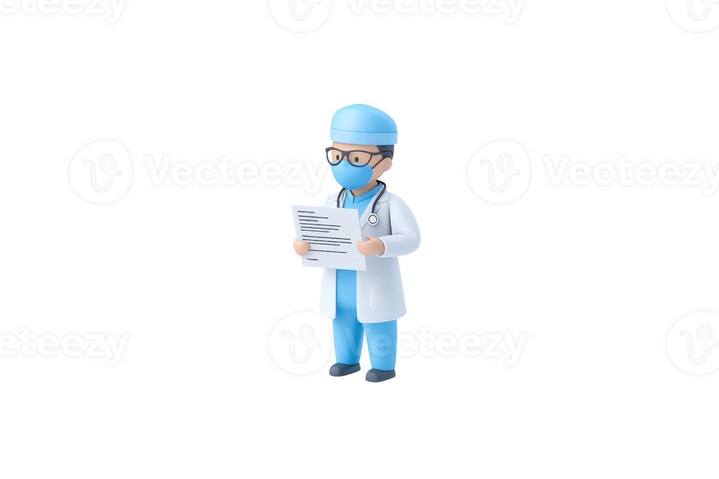 A cartoon doctor wearing scrubs and a mask holds medical paperwork, showcasing a professional, caring demeanor. png