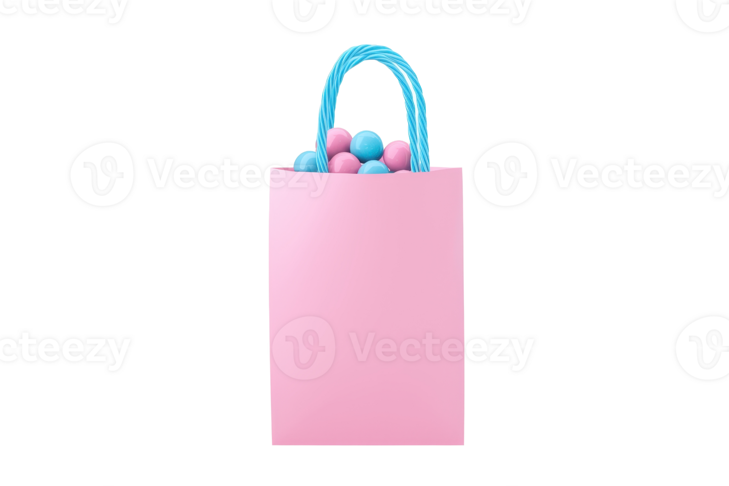 A pink gift bag with a turquoise handle, filled with colorful spherical objects. png