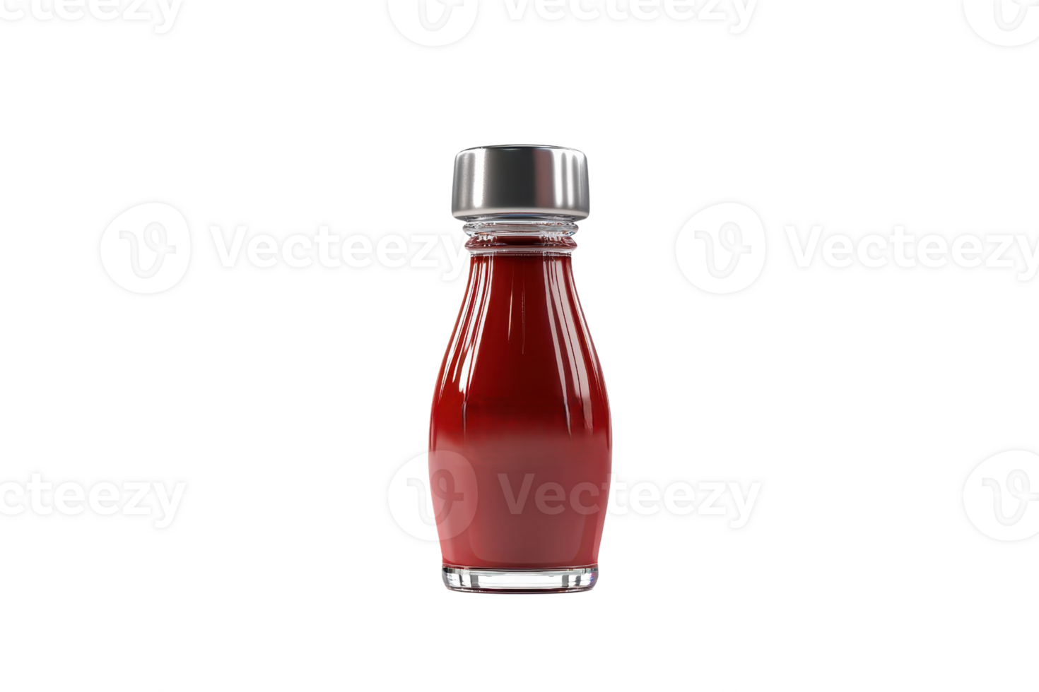 A bottle of ketchup with a silver cap, showcasing a rich red color and a classic curvy design. png