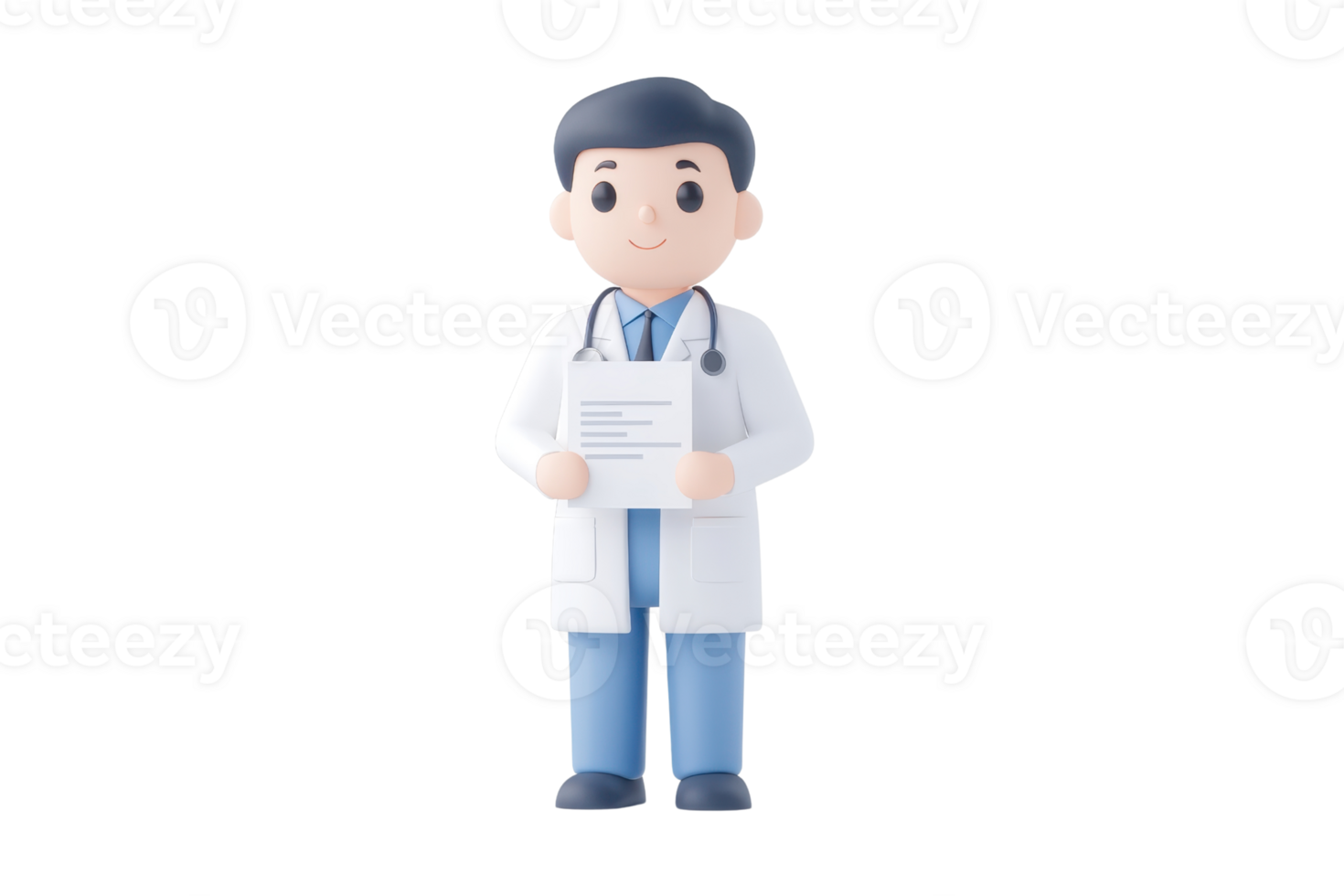 A cartoonish doctor figure holding a medical document, dressed in a white coat with a stethoscope. png