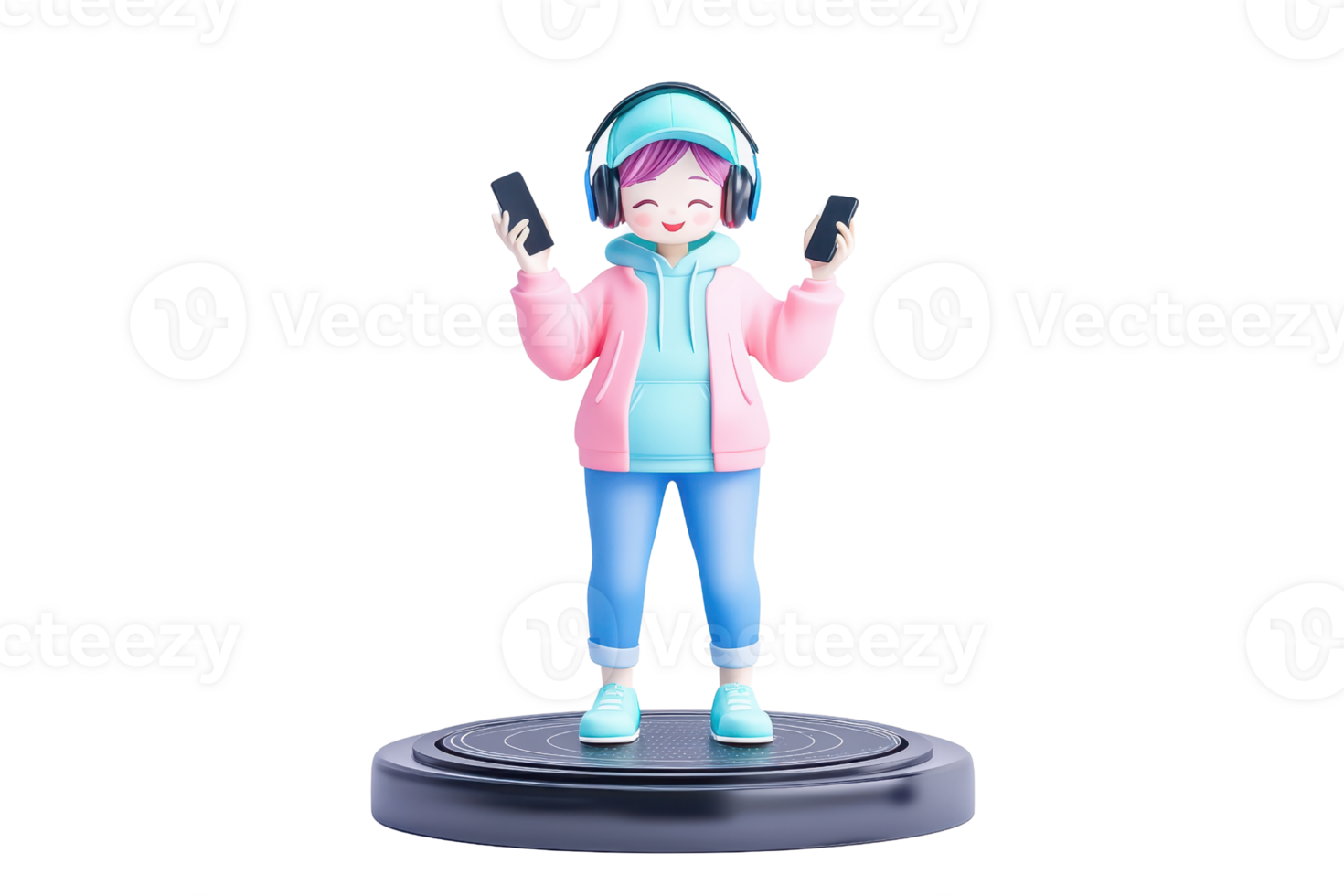 A cheerful character wearing a pink jacket, blue jeans, and headphones, holding devices and enjoying music. png