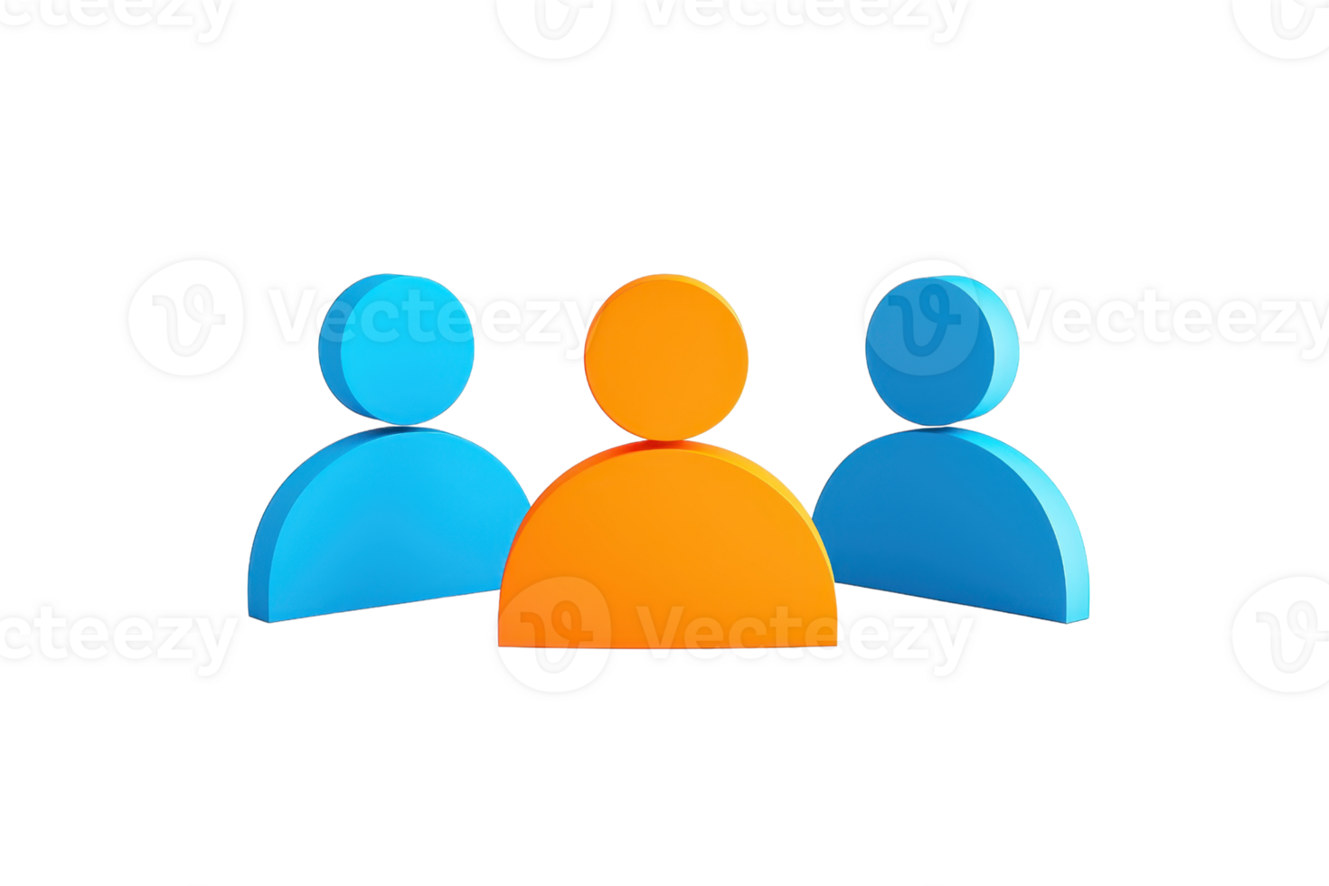 Three stylized figures, two in blue and one in orange, arranged in a row, representing concepts of community and individuality. png