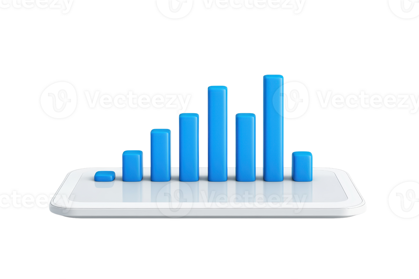 A blue bar graph displayed on a white platform, showcasing increasing data trends through varying heights of bars. png