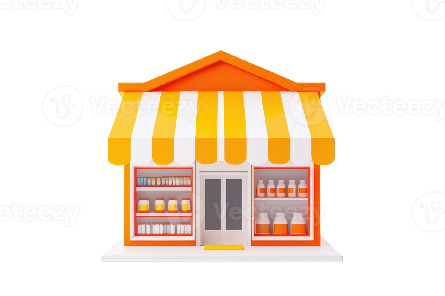 A colorful storefront with an orange and white striped awning, displaying various products in an organized manner. png