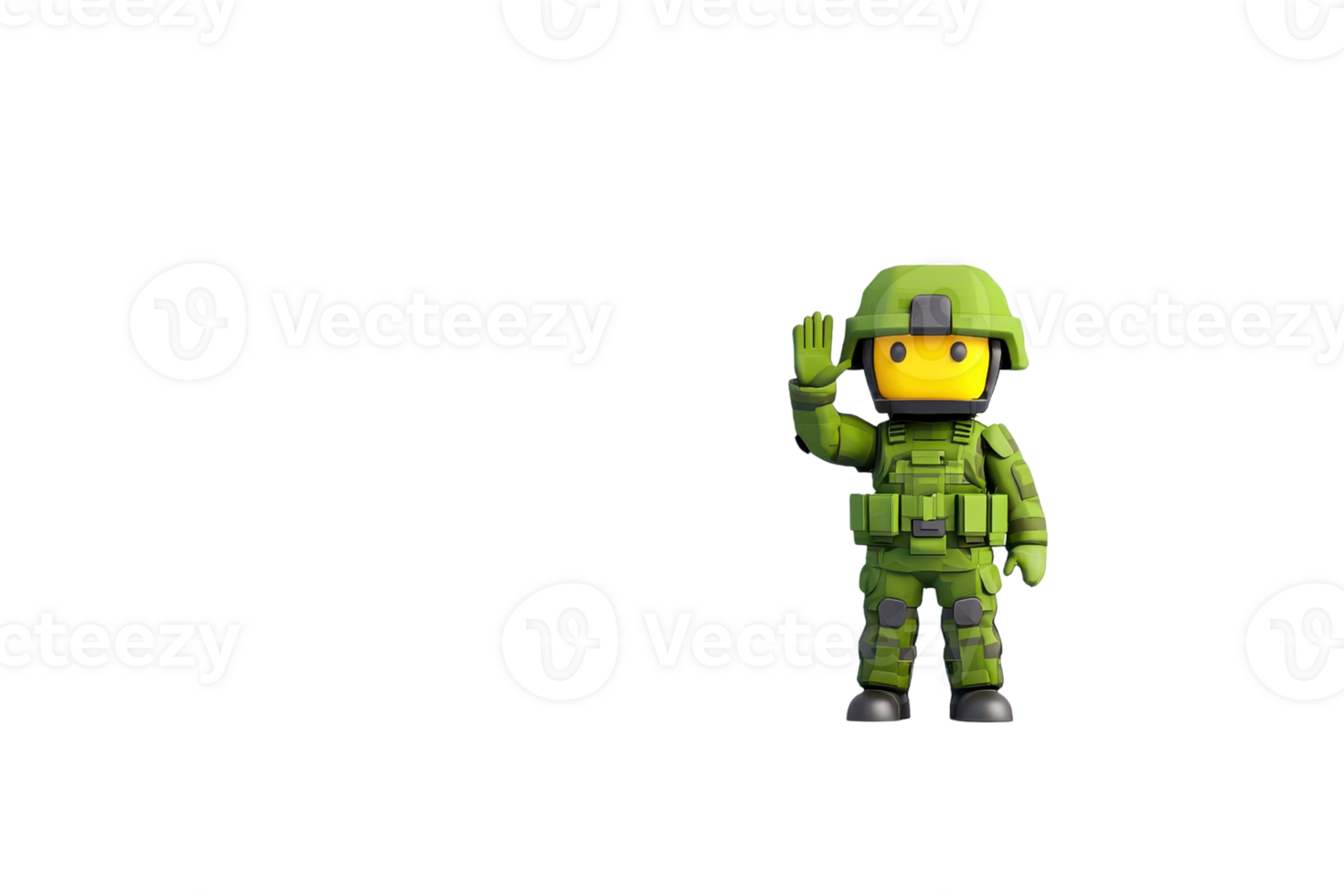 A green toy soldier figure waves, showcasing a cheerful expression and military attire. png