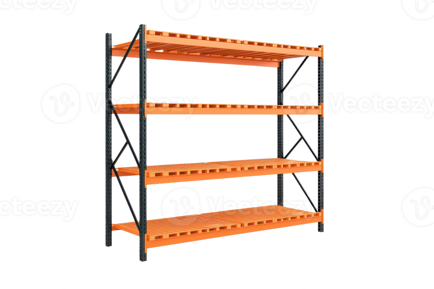 A sturdy shelving unit featuring four levels with orange shelves and a black metal frame, designed for storage and organization. png