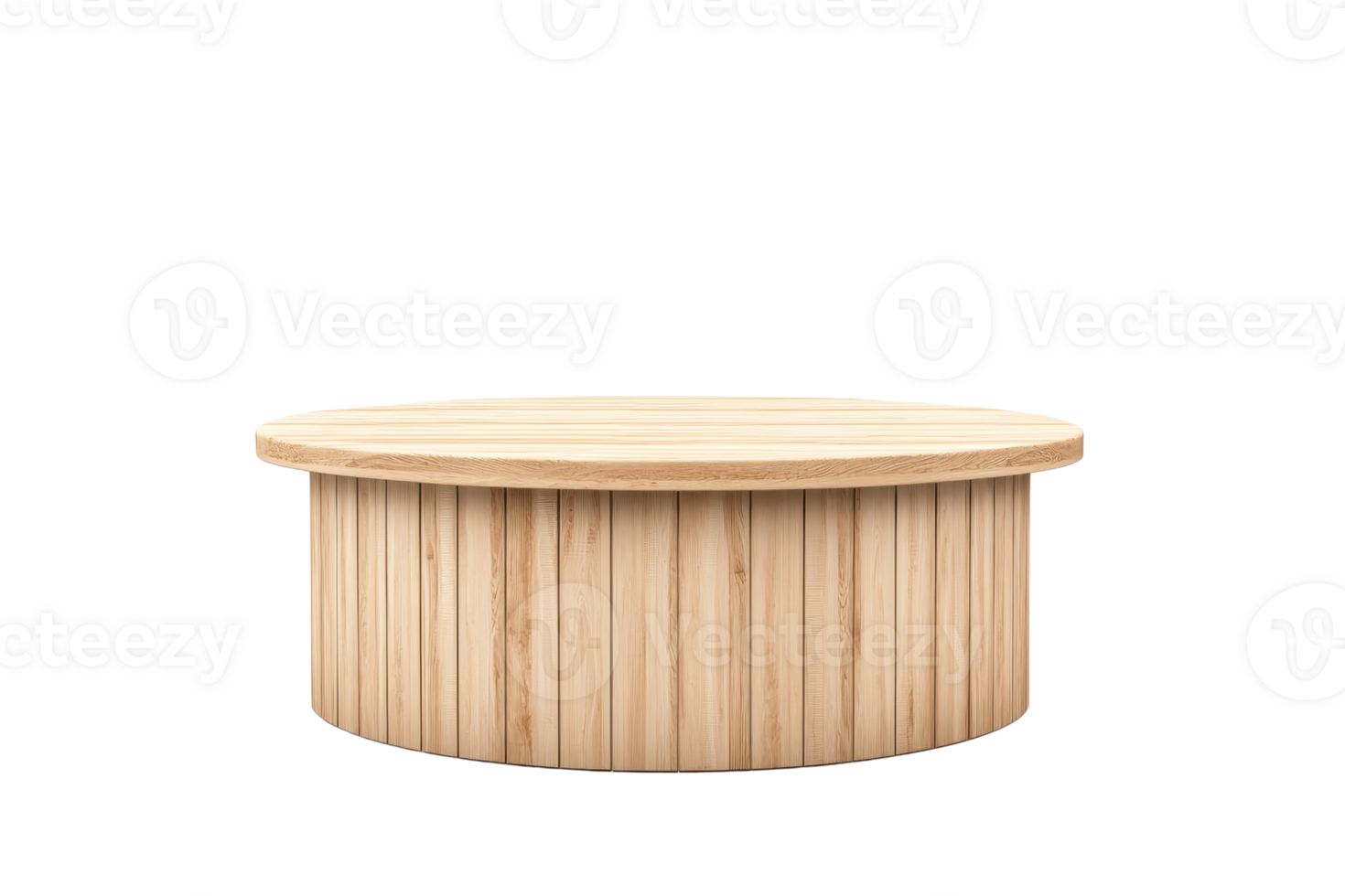 A round wooden table with a smooth top and vertical slats, showcasing a natural wood finish and simple design. png