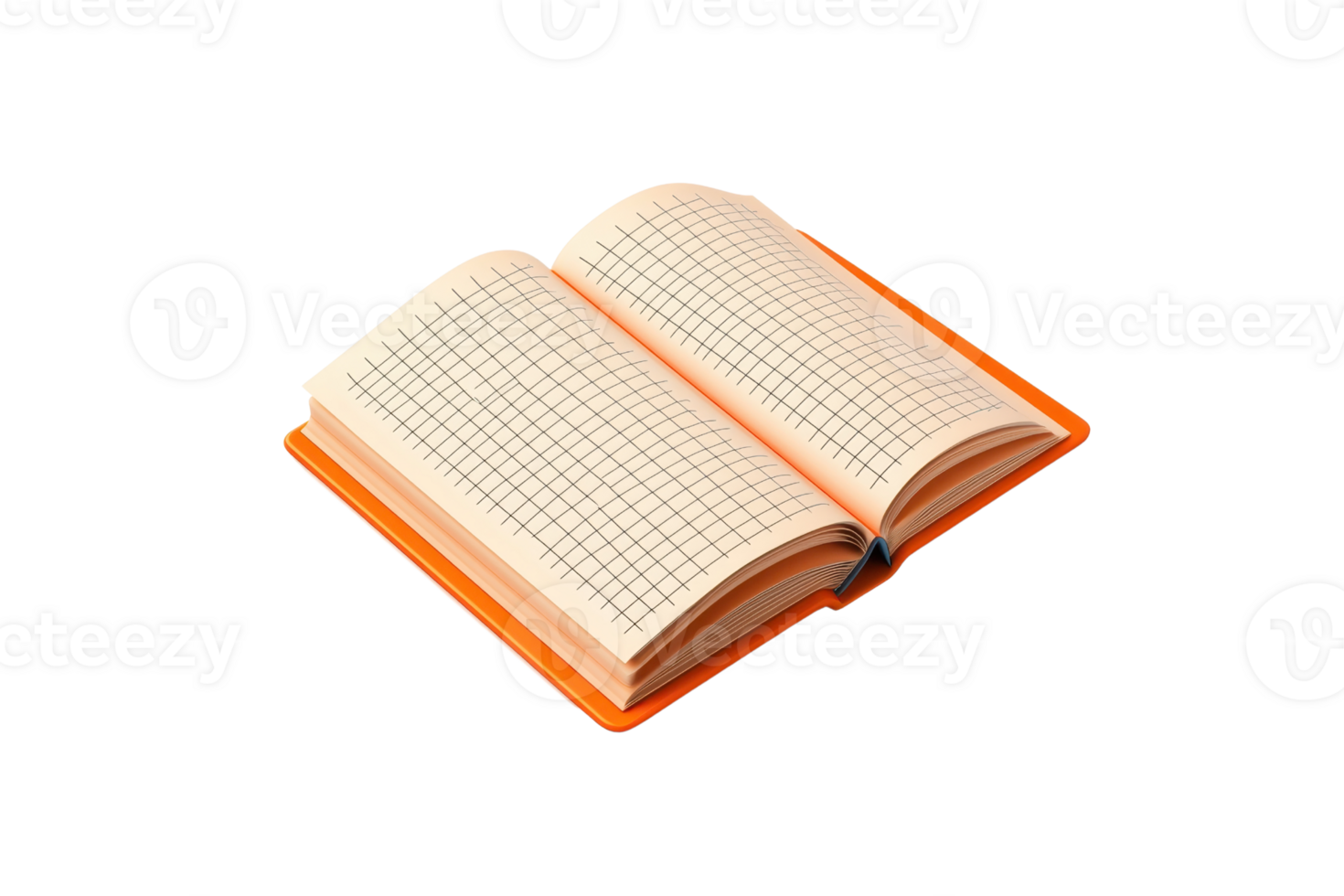 An open book with a grid-patterned interior and an orange cover, showcasing lined pages for notes or sketches. png
