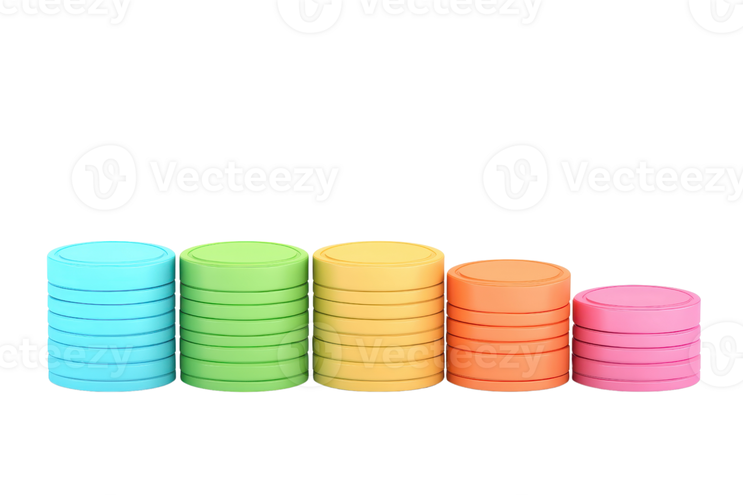 Stacks of colorful game chips arranged in a line, featuring shades of blue, green, yellow, orange, and pink. png