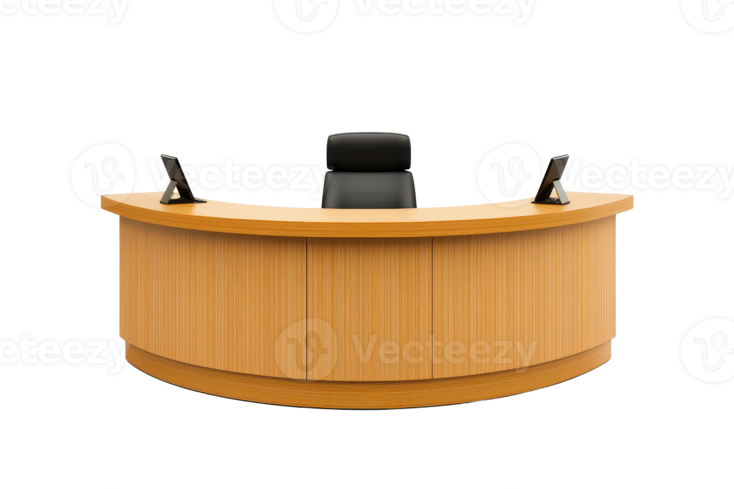 A sleek wooden reception desk with a curved design and a black chair, equipped with two monitors for professional use. png