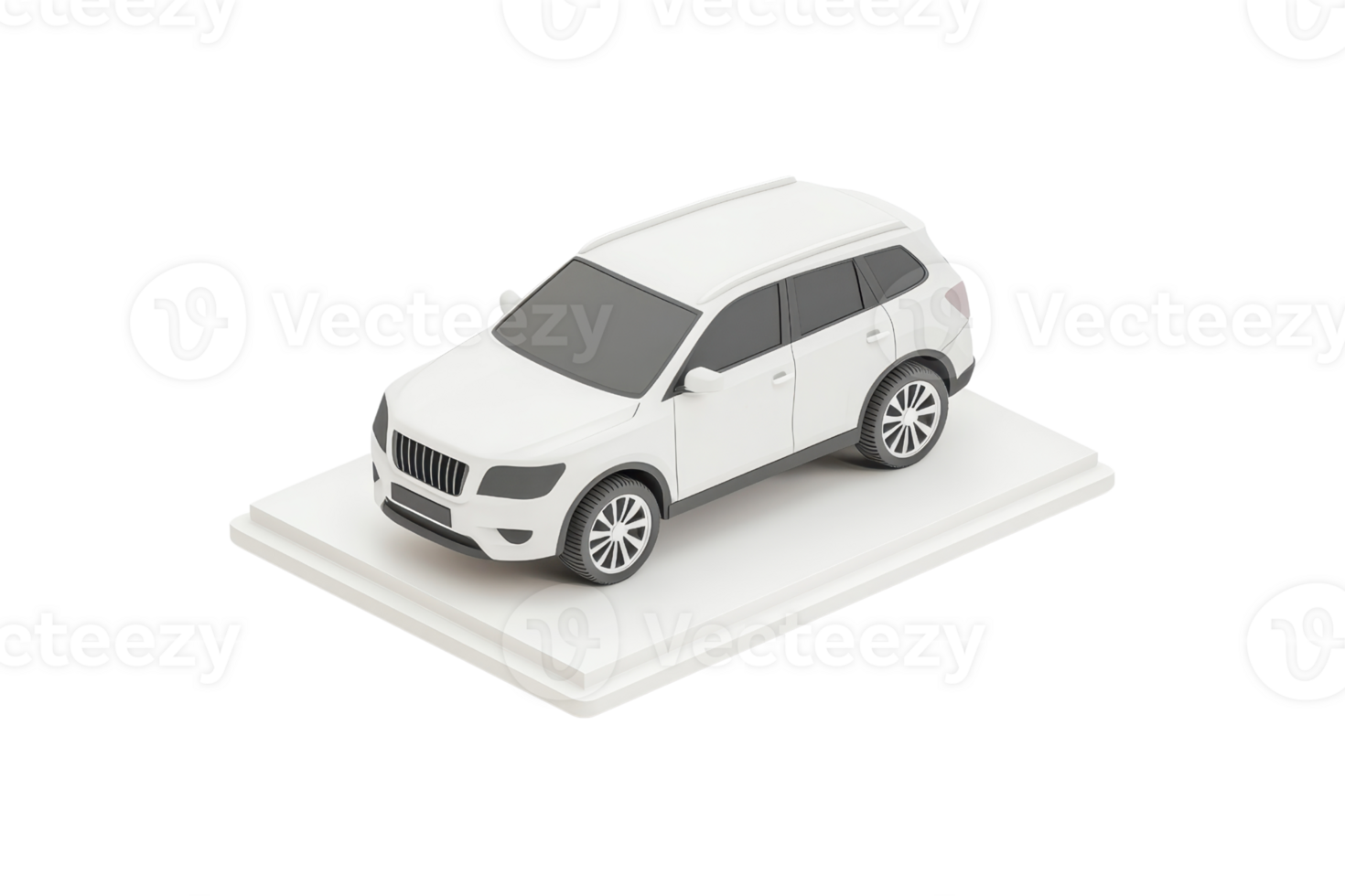 A sleek white SUV model displayed on a platform, showcasing its modern design and detailed features. png