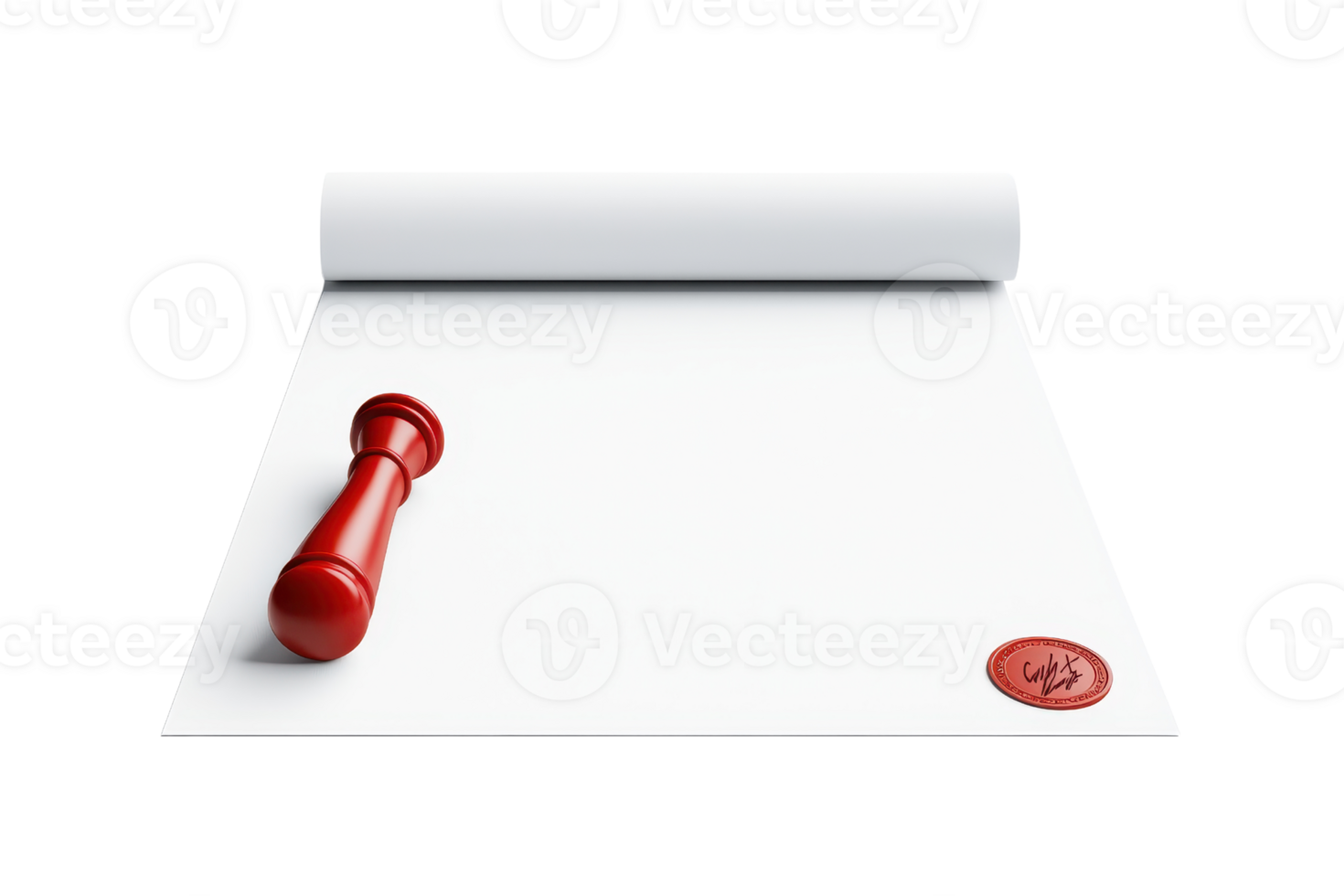 A rolled sheet of paper lies next to a red wax seal stamp, featuring a circular wax imprint. png