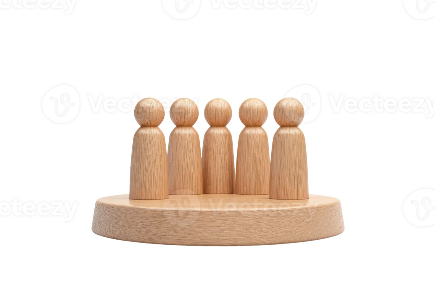 A group of five wooden figures arranged on a circular base, showcasing minimalistic design and natural wood texture. png