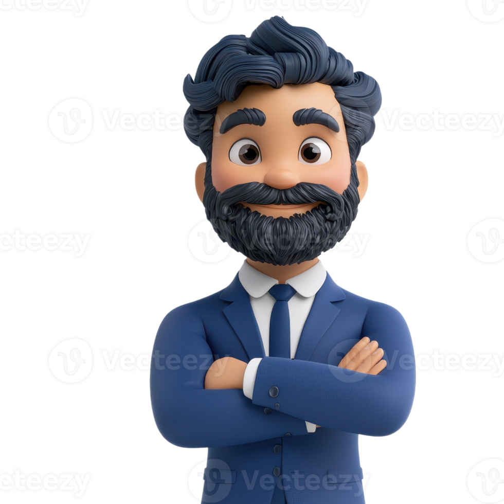 A cheerful animated character with a beard, dressed in a suit, confidently crossing arms and smiling. png