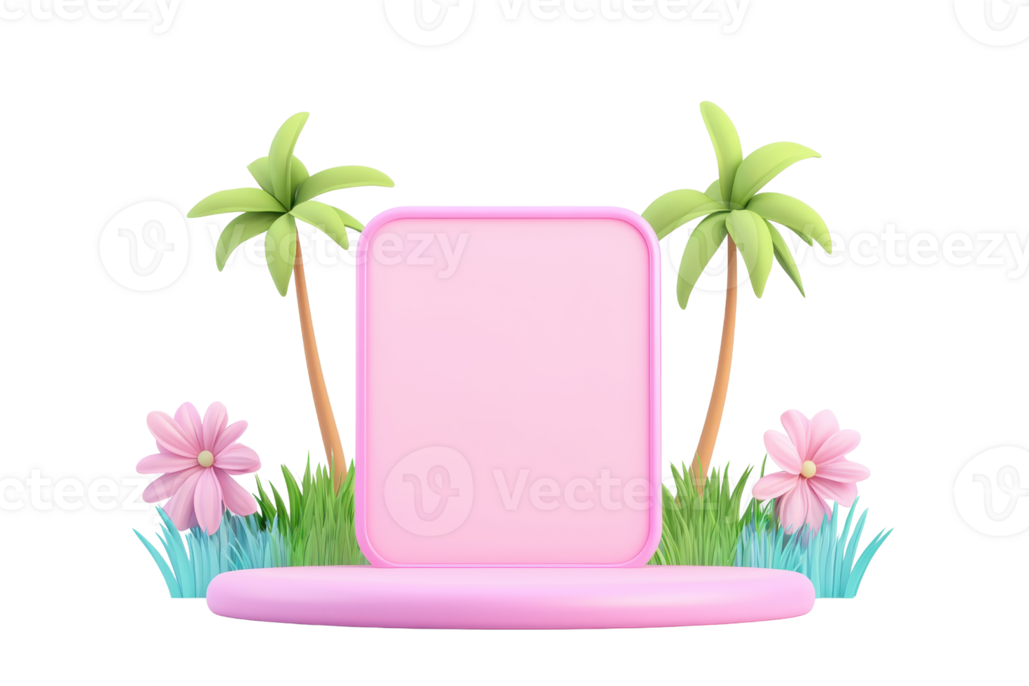A vibrant pink display platform surrounded by tropical palm trees and colorful flowers, perfect for showcasing products or art. png