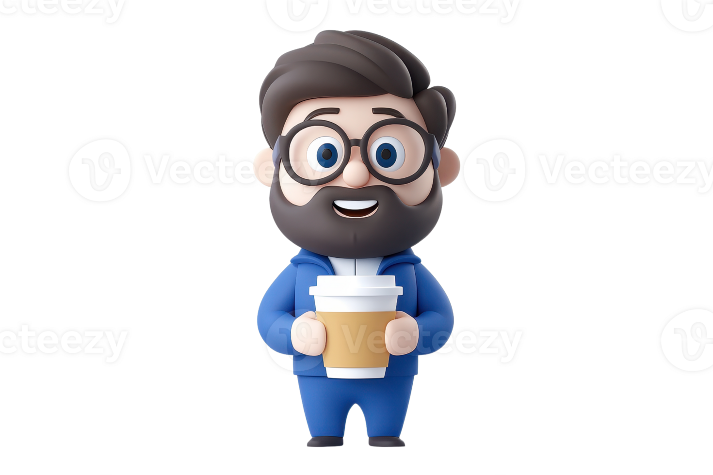 A cheerful, cartoonish character with glasses and a beard, holding a coffee cup while dressed in a blue hoodie. png