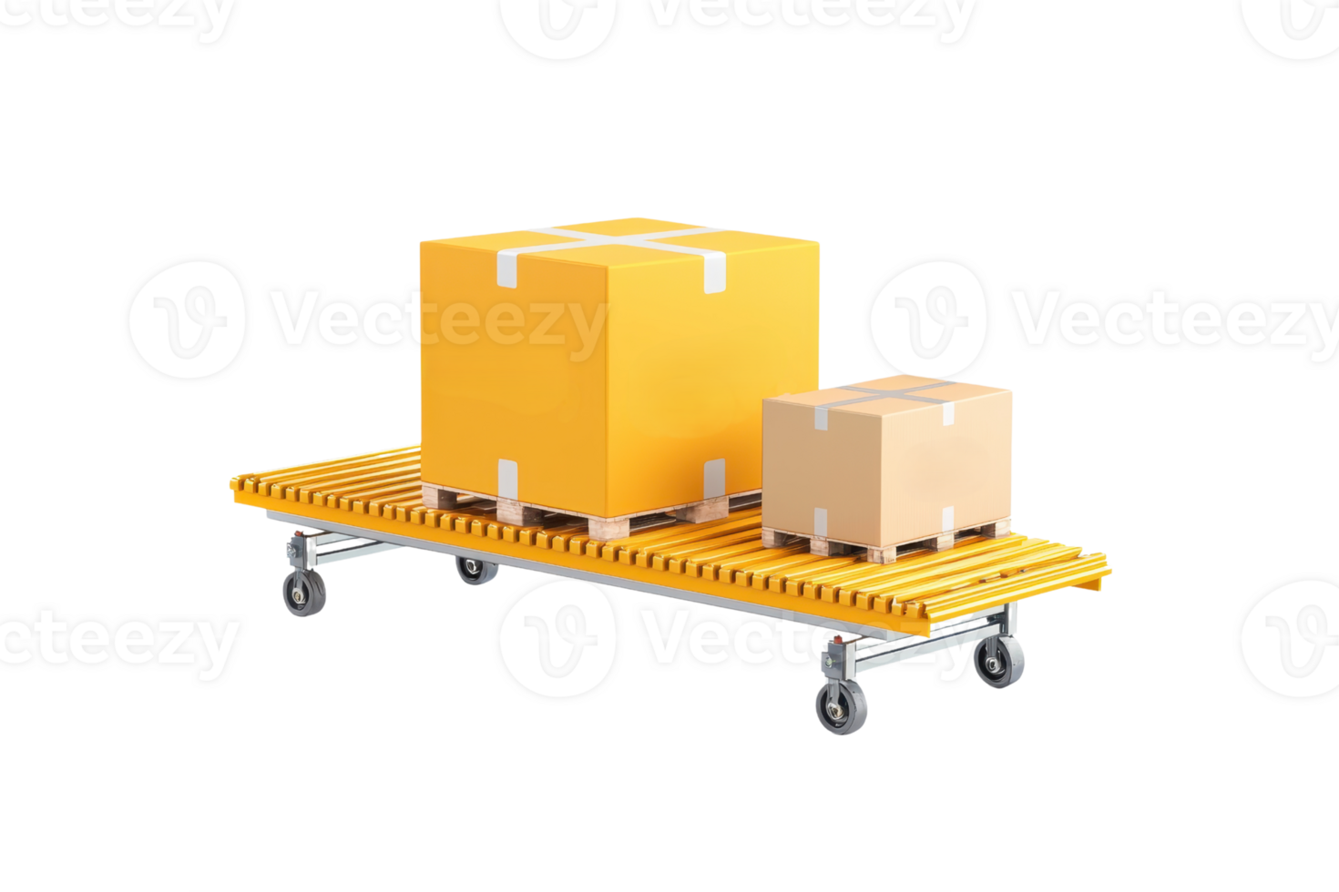 A yellow pallet with two boxes, one large and one small, positioned on top, showcasing a shipping or storage scenario. png