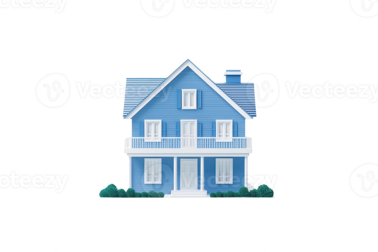 A charming blue house with a balcony, featuring multiple windows and a sloped roof, surrounded by small greenery. png
