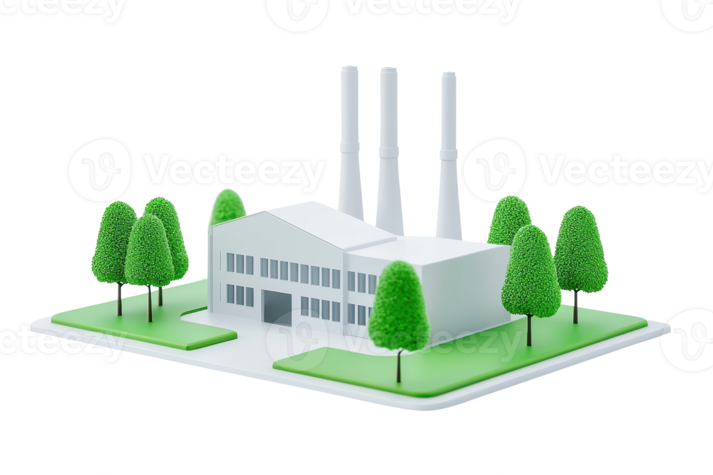 A modern factory model with three smokestacks, surrounded by green trees and grass. png