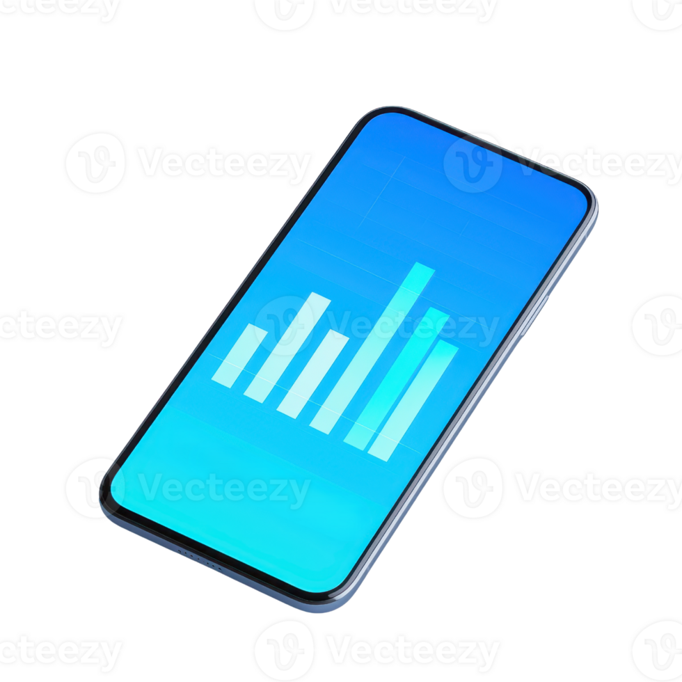 A modern smartphone displaying a blue gradient screen with upward bar graphs, symbolizing growth or data analysis. png