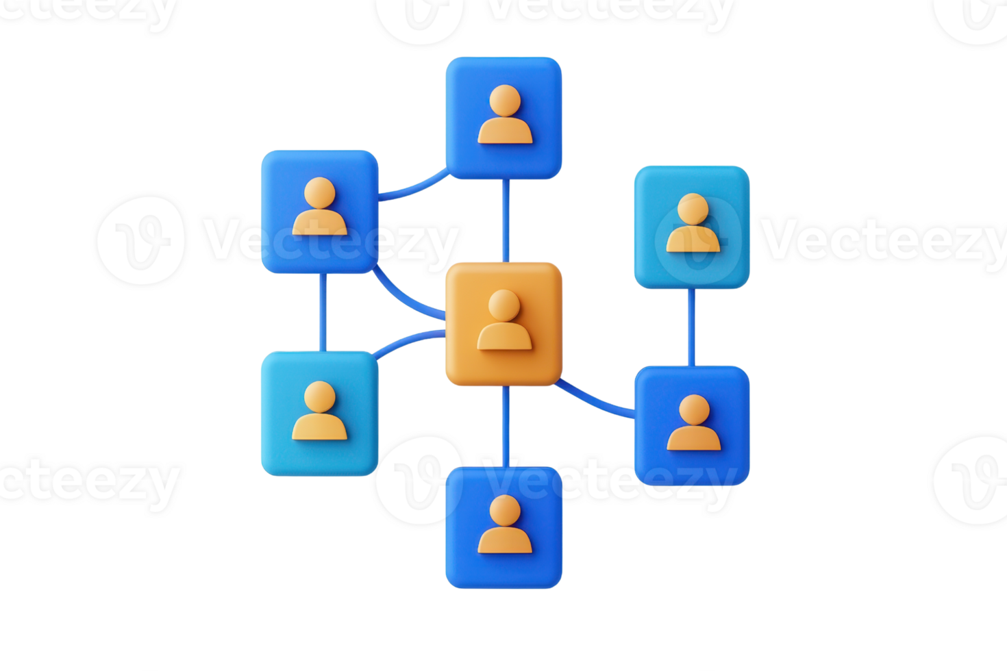 A network diagram featuring an interconnected central figure with multiple surrounding icons representing individuals. png