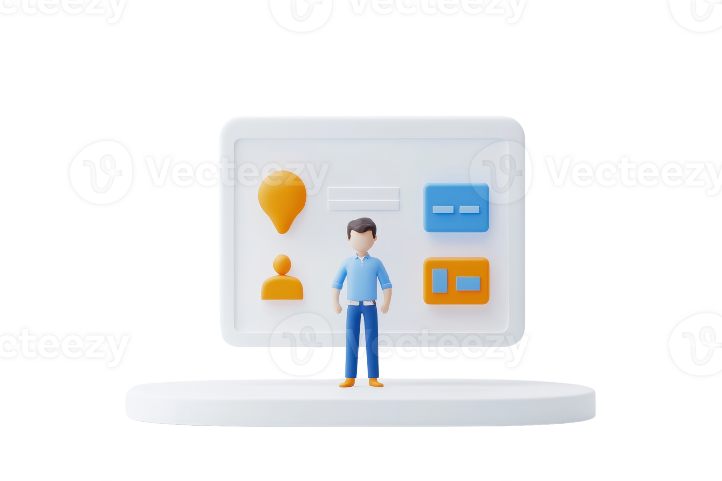 A stylized figure stands in front of a digital interface displaying various icons and buttons related to user interaction. png