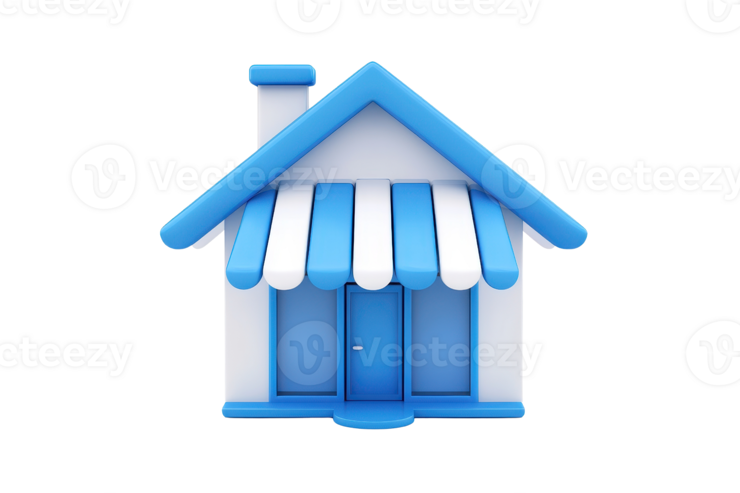 A colorful house with a blue roof and striped awning, featuring a door and chimney, representing a cheerful and welcoming atmosphere. png