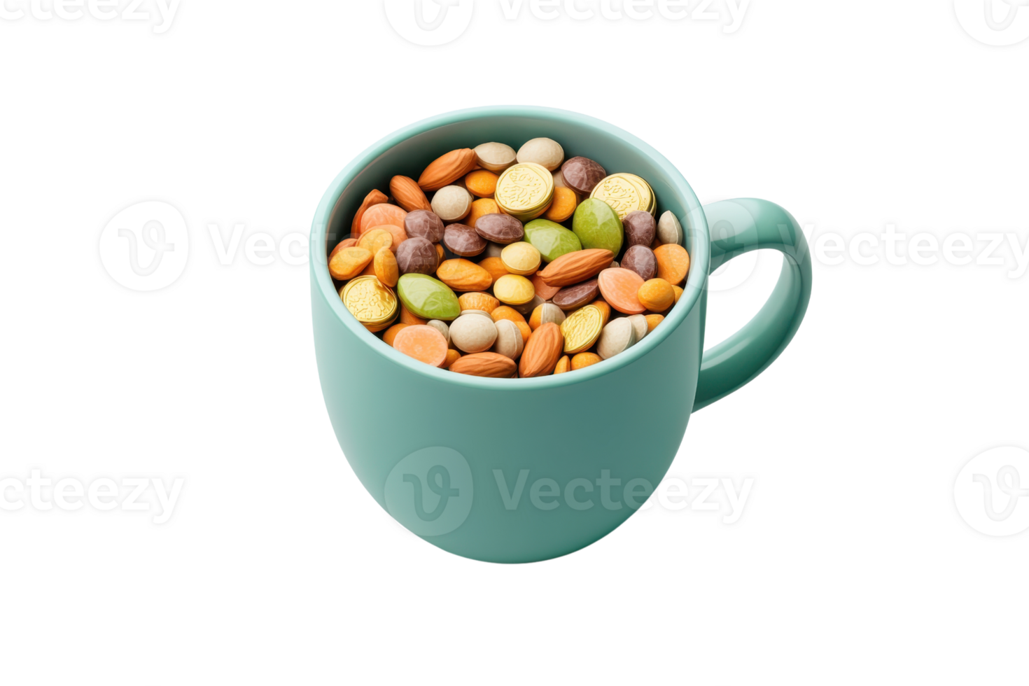 A teal cup filled with a variety of colorful nuts and candies. png