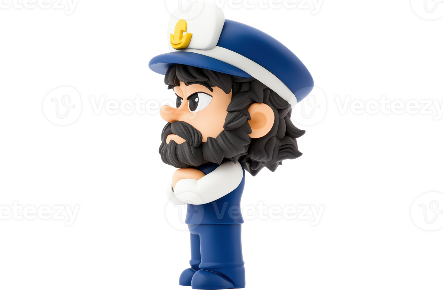 A cartoonish figure of a captain, featuring a blue uniform, a captain's hat, and a prominent beard, standing confidently with arms crossed. png