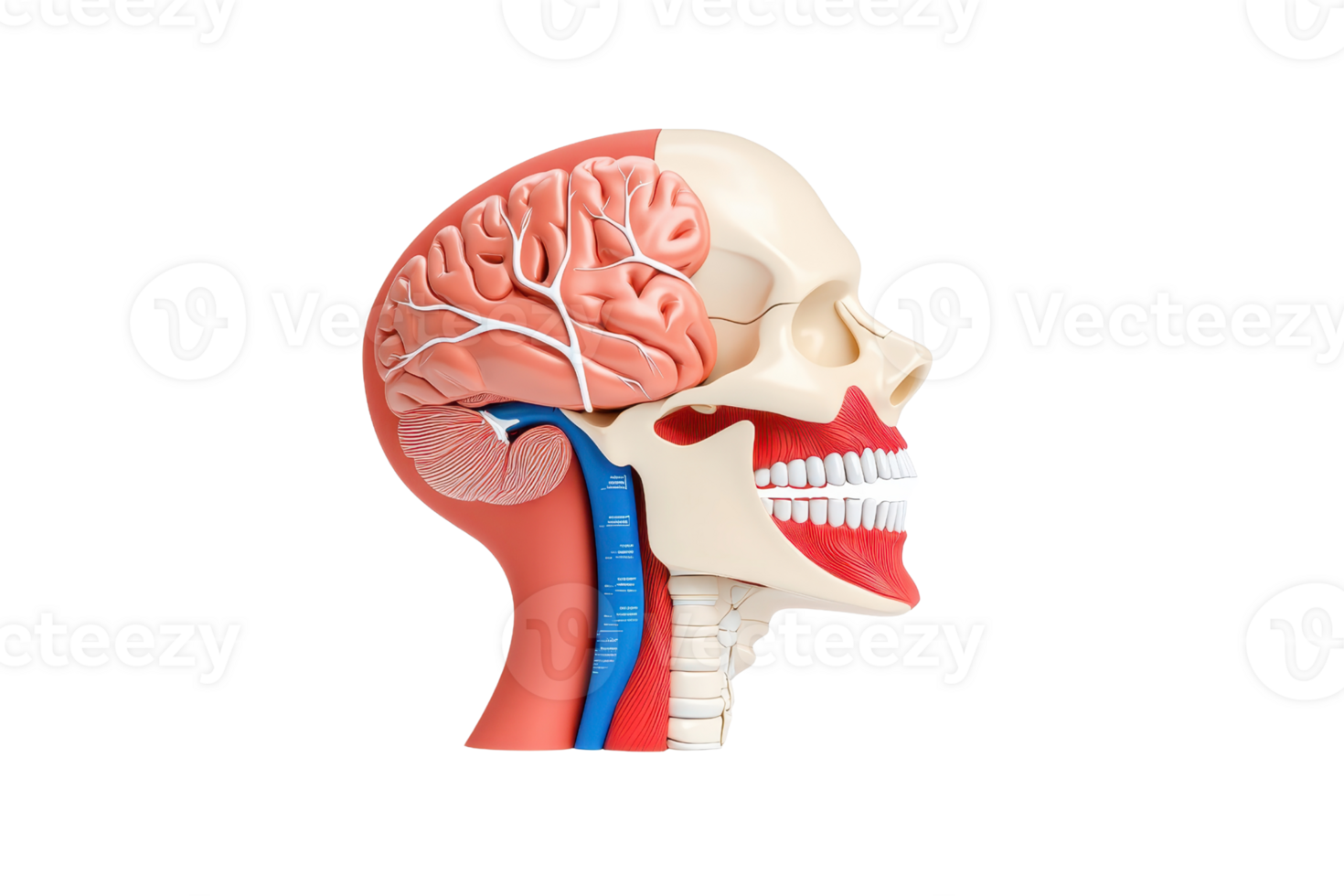 A detailed anatomical model of a human skull showcasing the brain, facial structure, and vascular system. png