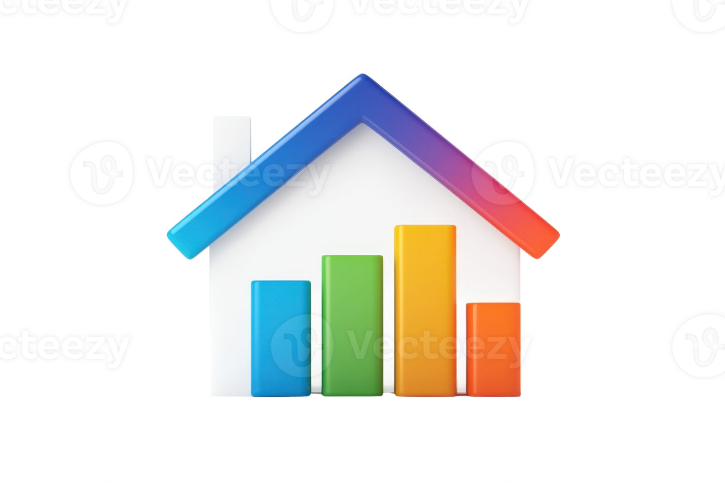 A colorful house icon with ascending bar charts representing growth and real estate metrics. png