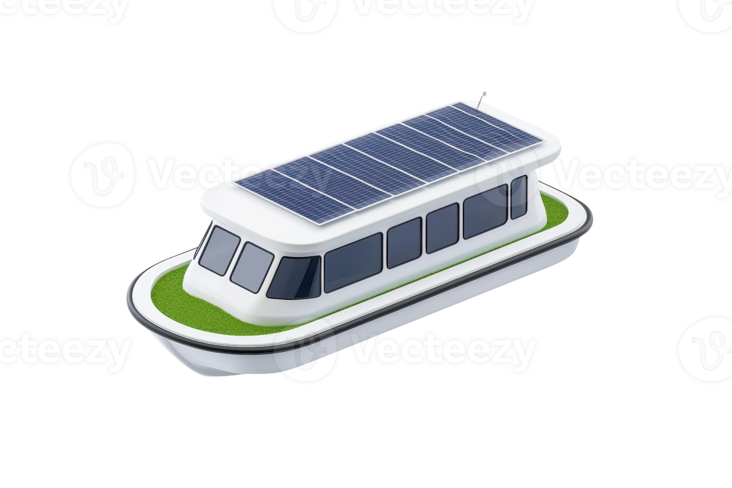 A futuristic solar-powered boat featuring a sleek design with a green roof and multiple solar panels. png