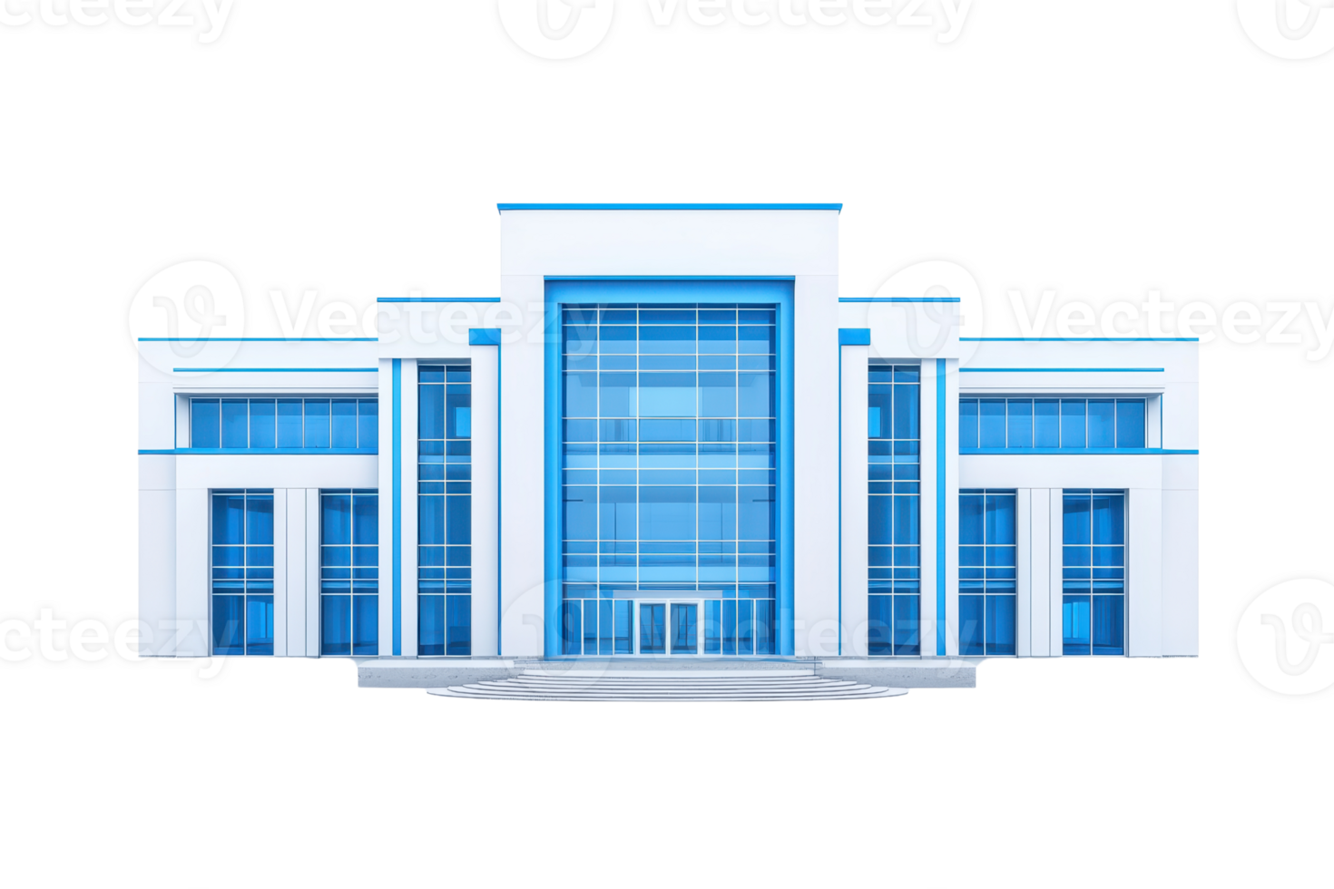 A modern building featuring large glass windows and a symmetrical design, showcasing a blend of blue and white colors. png