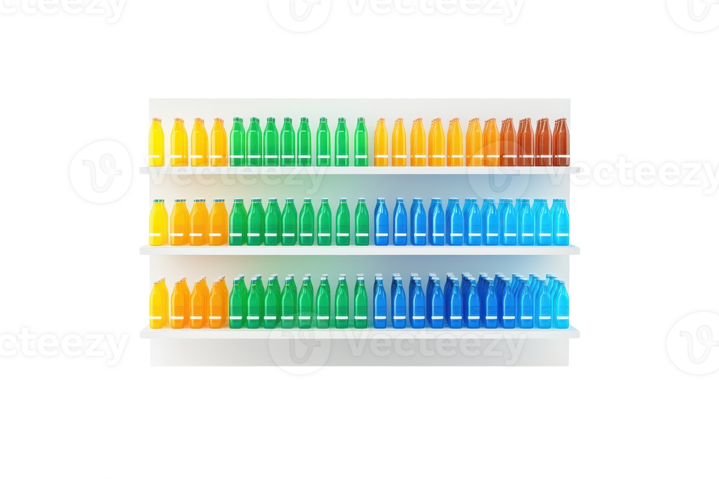 A vibrant display of colorful bottles arranged on shelves, showcasing a gradient of hues from yellow to blue, highlighting product variety. png